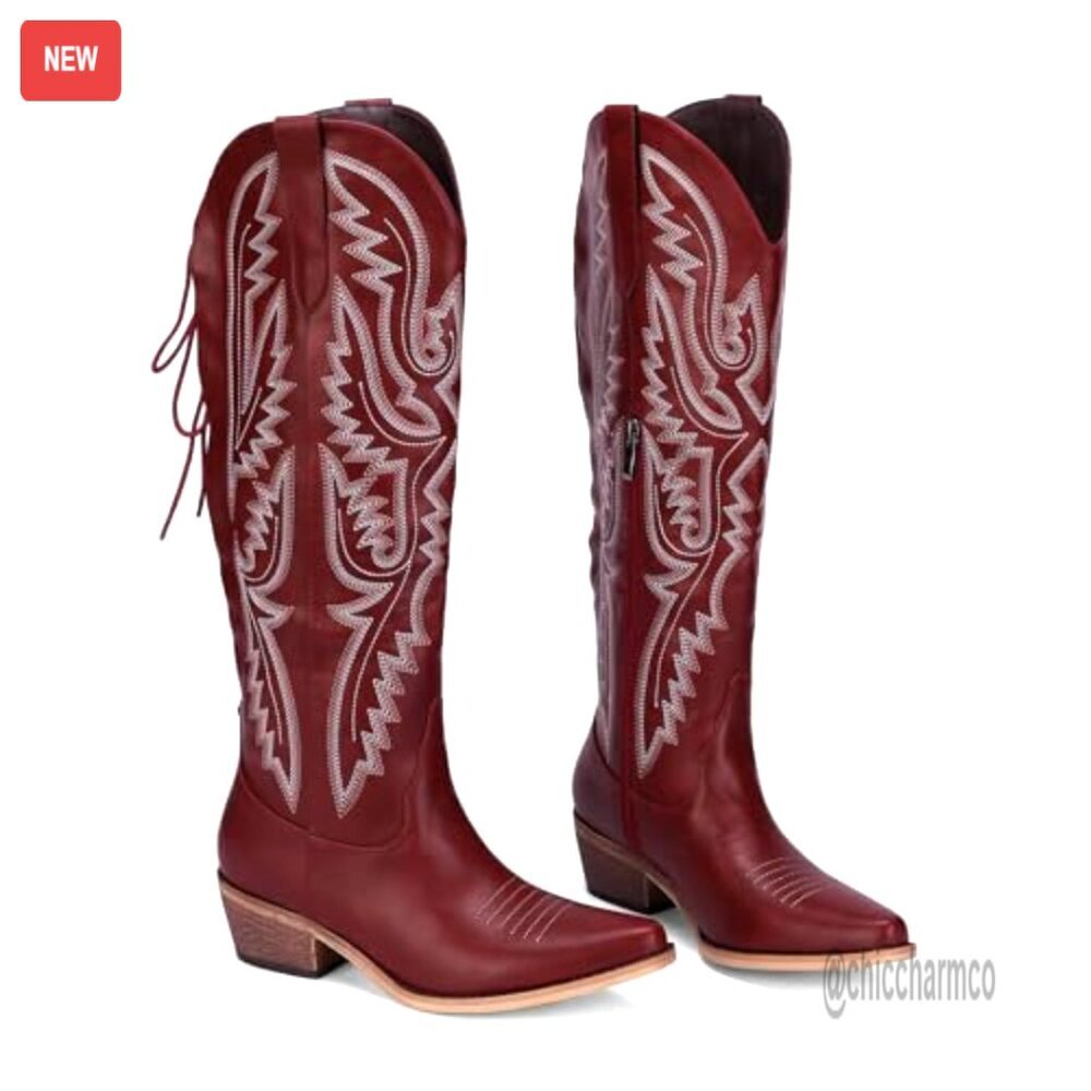 Lace Up Cowboy Boots Wide Calf Chunky Heel Pointed Toe Western Shoes - Picture 6 of 7